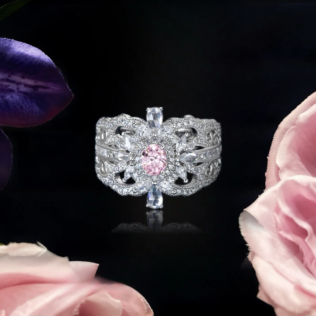 925银合成锆石戒指 R3217【冠冕】镶嵌蛋形帕帕拉恰色精致戒指