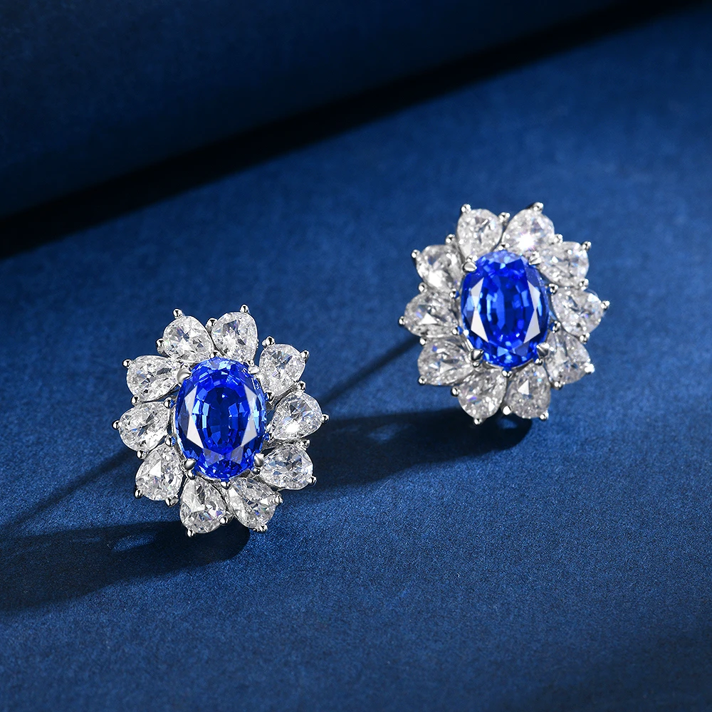 合成尖晶石E2430【隐蓝】满钻镶嵌蛋形矢车菊蓝色轻奢豪华耳钉耳饰