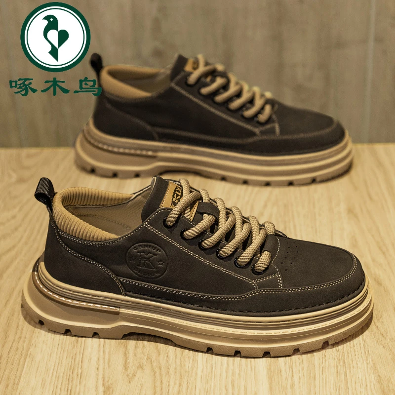 正品啄木鸟男鞋春季厚底休闲工装板鞋英伦风复古男士时尚马丁靴男