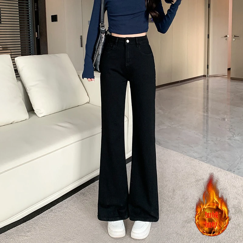 140-158小个子黑色冬季加绒加厚阔腿宽松微辣裤显瘦百搭牛仔裤