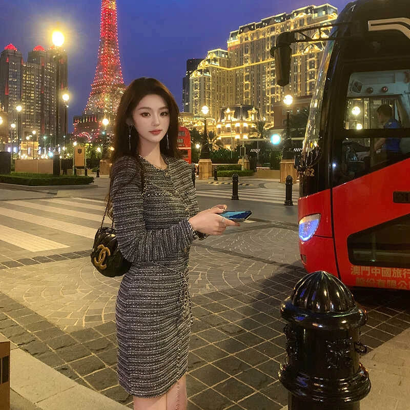 Juicecola  小香风连衣裙气质名媛高级感修身显瘦包臀裙子秋冬款