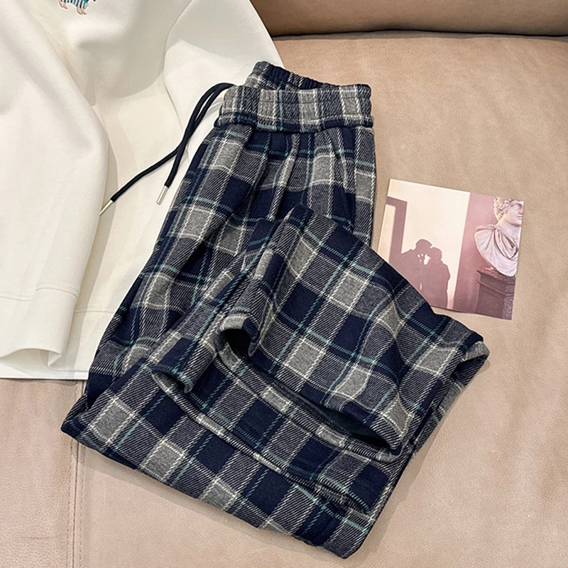 Julychee 磨毛藏青格子加厚阔腿裤