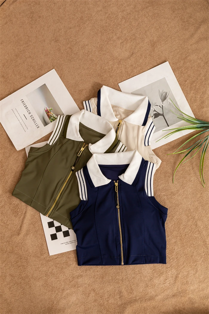 polo领金拉链背心式文胸自带胸垫一体杯高强度运动瑜伽普拉提穿搭