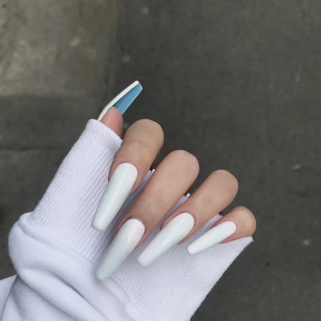 亮面新款纯白超A蓝色时尚穿戴甲式简约流行白色穿戴式美甲纯色