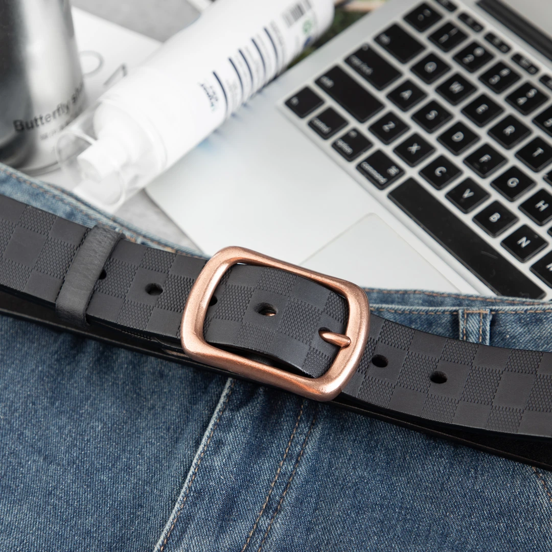 头层牛皮男士腰带英伦格子纹复古紫铜扣商务休闲百搭真皮牛皮裤带