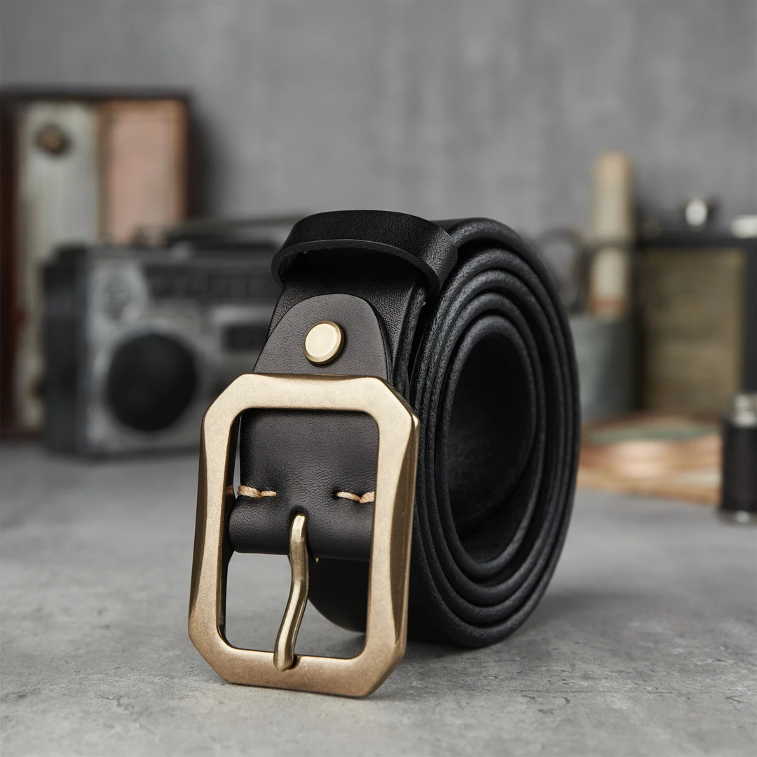 高端加厚黄铜复古做旧头层牛皮腰带男士硬汉休闲百搭真牛皮皮带