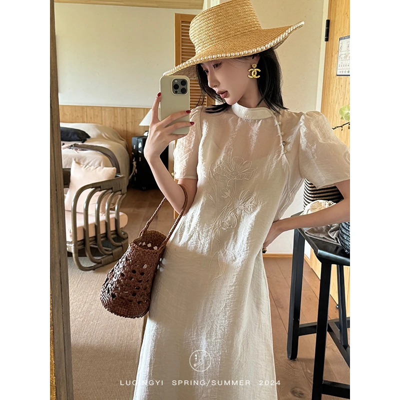 鹭青一原创【淡香去】新中式连衣裙女夏刺绣背心套装L24L7165BA