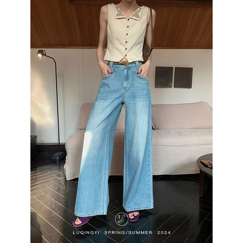 鹭青一原创【褪色记忆】天丝棉牛仔裤女夏季高腰直筒裤L24N7214B