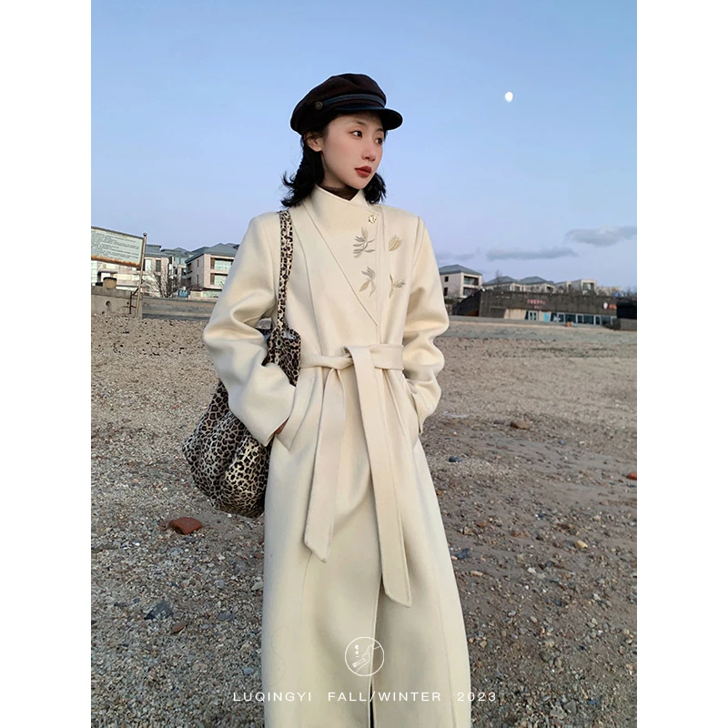 鹭青一精选【蝴蝶兰】80支100羊毛大衣女冬新中式毛呢外套L23D2045X