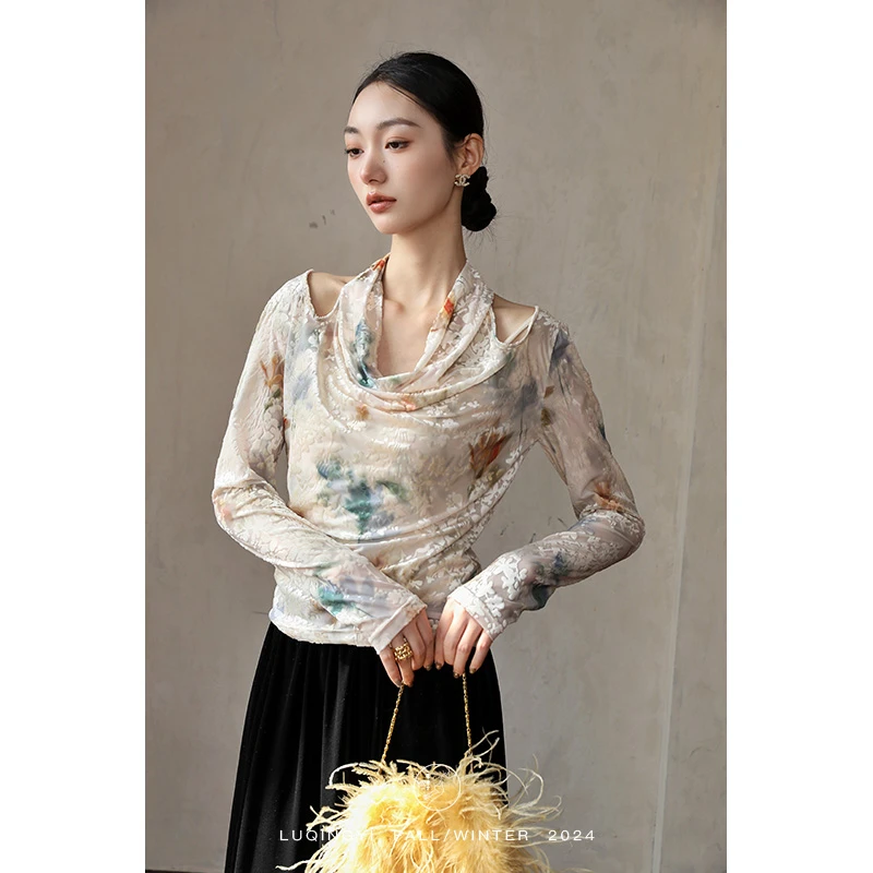 鹭青一现货【倚恋】复古设计感挂脖荡领内搭打底衫女秋冬L24T1145H