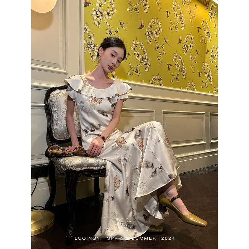 鹭青一精选【净莲】水墨印花法式连衣裙L24L7134BB