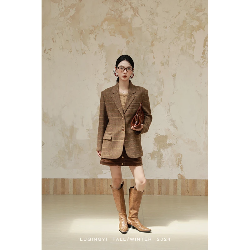 鹭青一精选【落黄叶】复古格纹西装外套女秋季英伦风西服L24W7264B