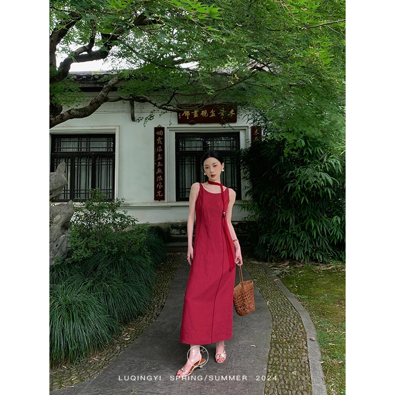 鹭青一【自由树】天丝亚麻连衣裙女夏季收腰A字气质背心裙L24L1964H