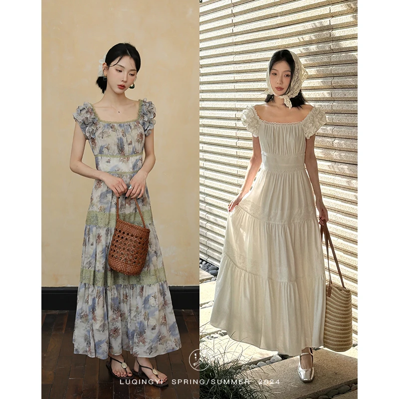 鹭青一精选【梨花雪】水彩法式白色连衣裙女碎花泡泡袖裙L24L1897H