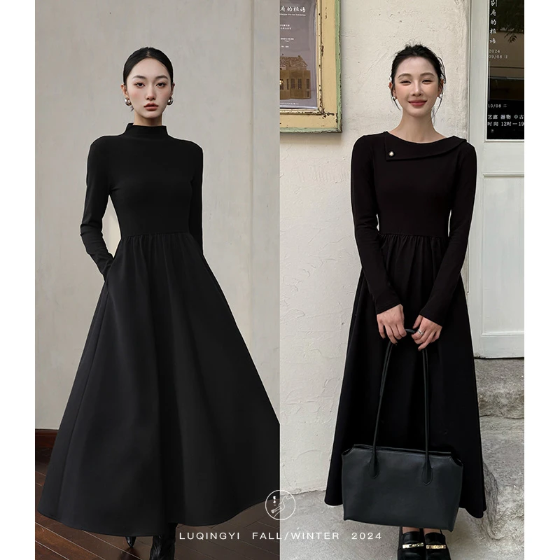 鹭青一现货【弗朗夜】针织连衣裙女冬季斜肩设计感打底裙L24L1143H