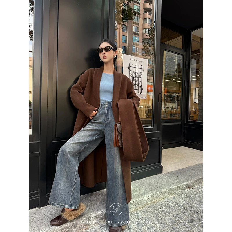 鹭青一原创【慢谱】复古牛仔裤女冬保暖宽松加绒直筒裤L24N1171H