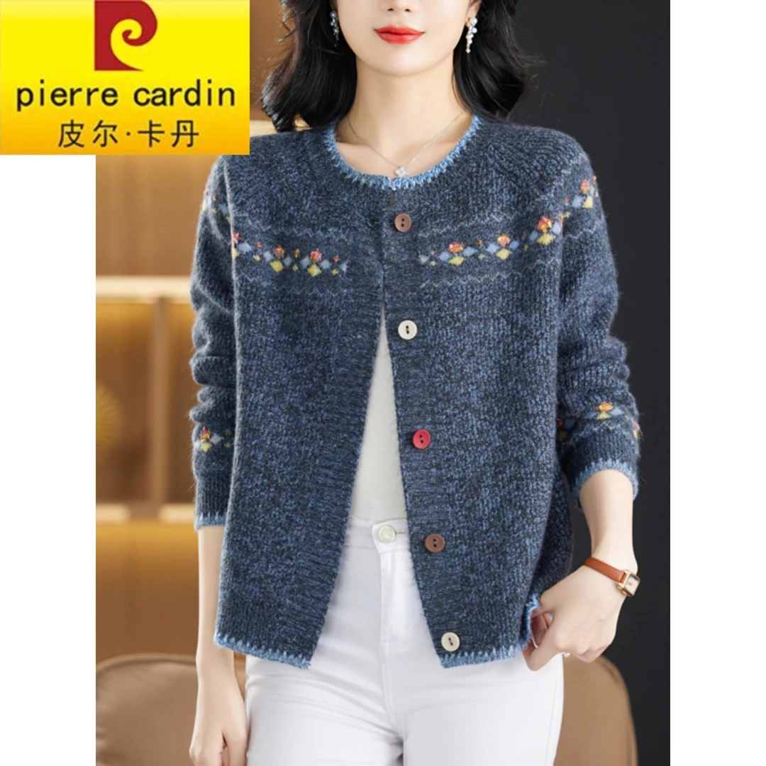 皮尔卡丹春秋新款妈妈花纱针织女开衫大码宽松减龄毛衣外套短款羊