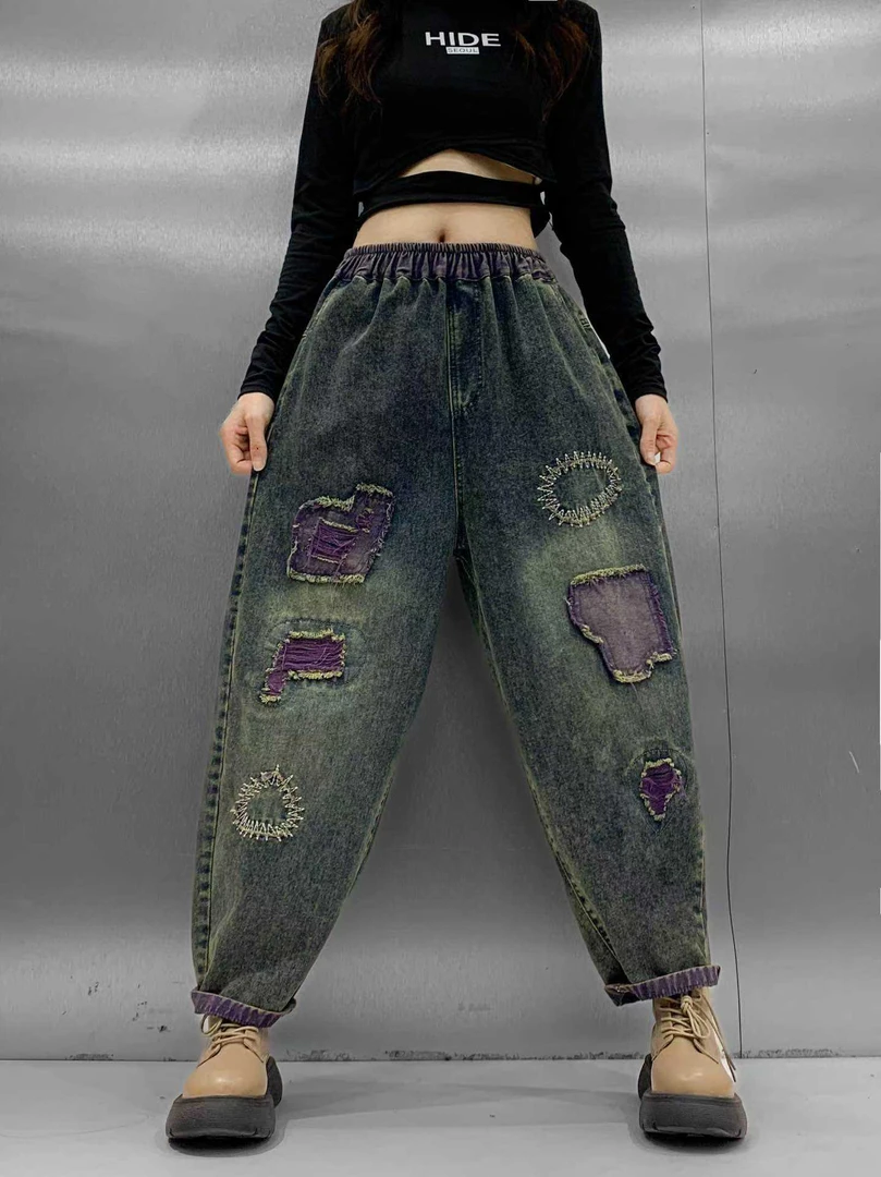 2024九分秋款紫贴布款宽松厚款百搭休闲显瘦水洗哈伦裤牛仔裤