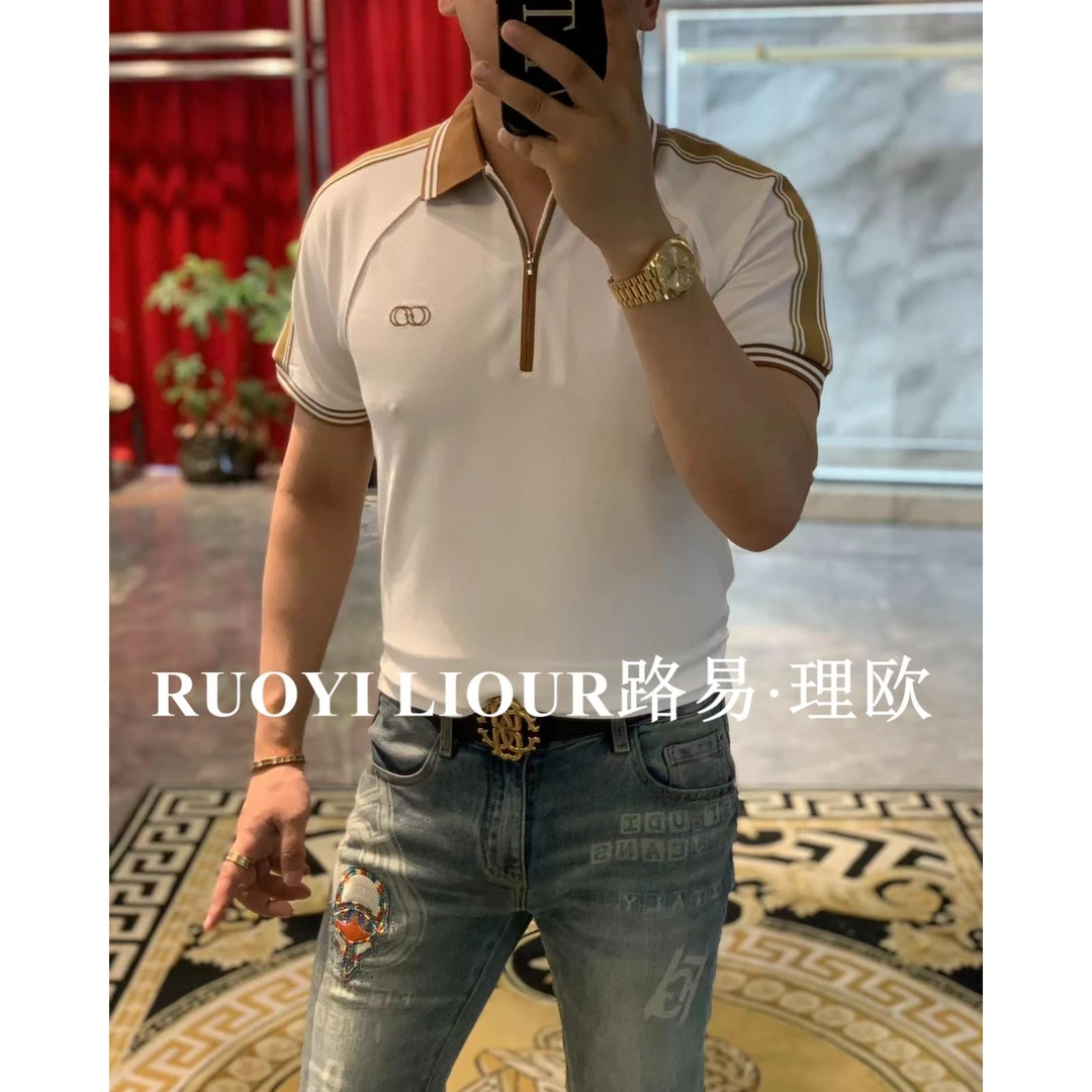 【路易理欧】2024欧货时尚潮流休闲纯色半拉链字母胸标polo衫6705