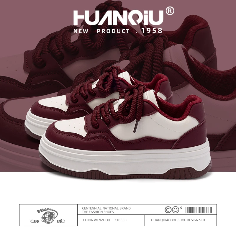 环球酒红新年学生板鞋女2025春季运动户外增高休闲百搭运动小白鞋