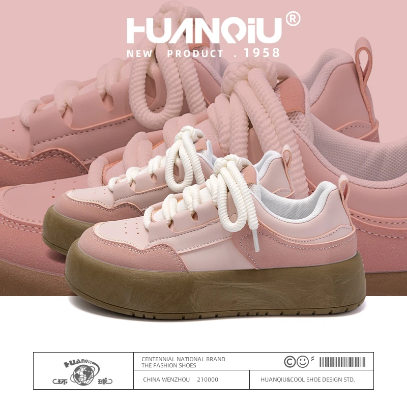 环球小白鞋女2025春季新款厚底樱花粉板鞋开学小众学生美式休闲鞋