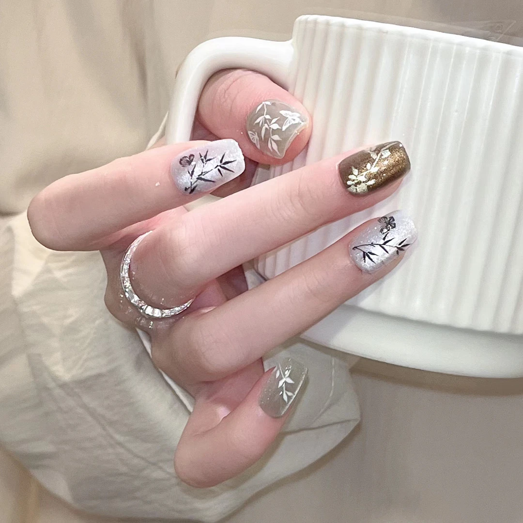 517短梯30片青竹国风穿戴式美甲ins假指甲贴片成品可拆卸时尚显白