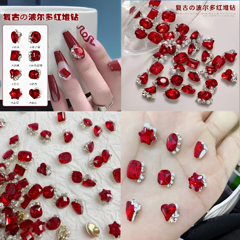 复古波尔多红堆钻球爆闪成品堆堆钻雪花肥方爱心斧头美甲专用饰品