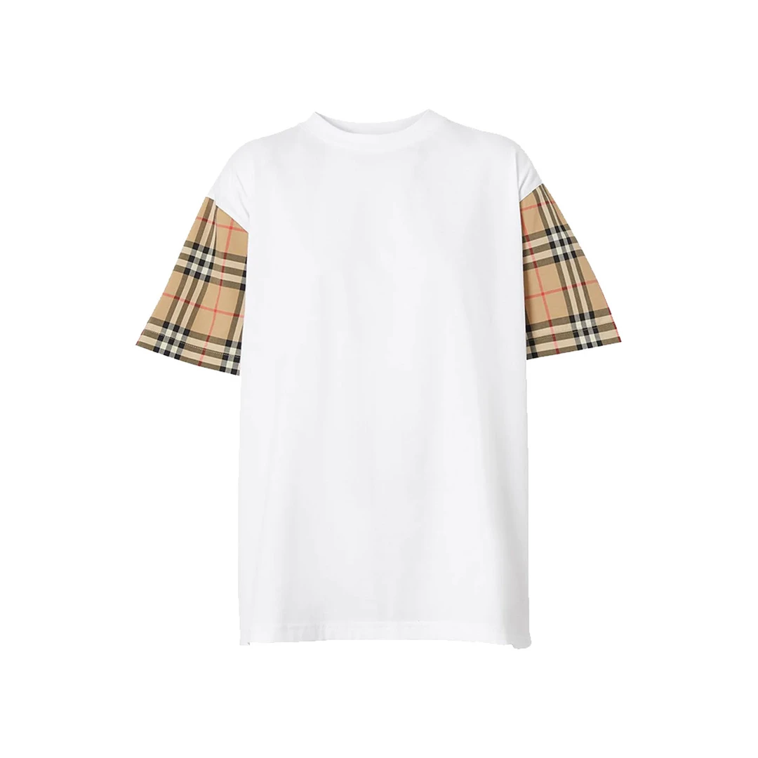 博柏利BURBERRY纯棉经典格纹衣袖女士夏季休闲宽松T恤衫8042716