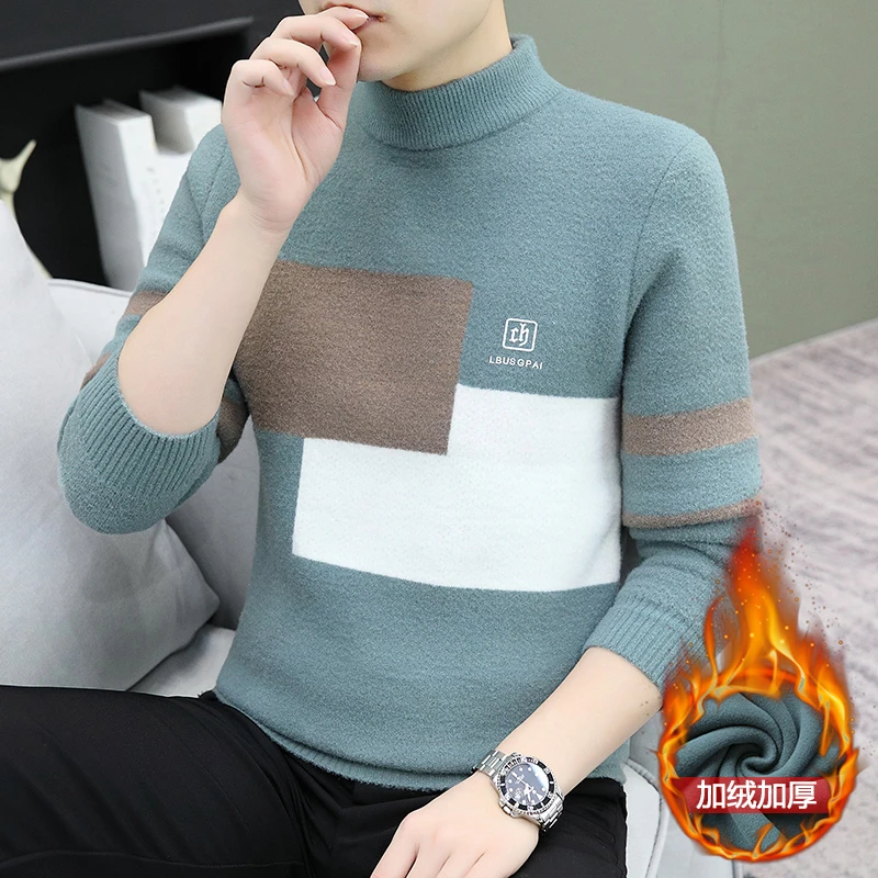 2024冬季新款男士时尚潮流加绒半高领加厚韩版一体绒保暖毛衣