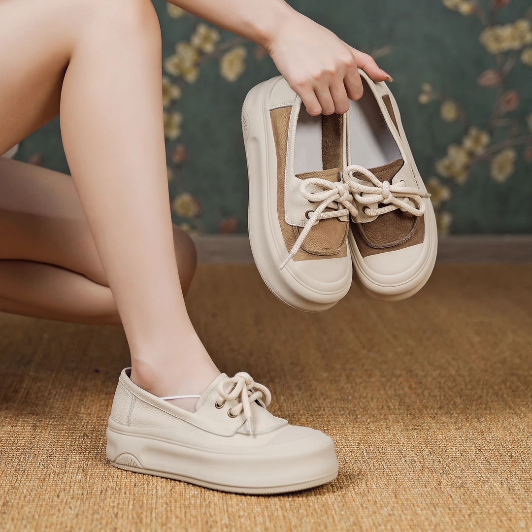 【新品】真皮百搭软底女款2024新款网红夏季厚底休闲复古鞋女 13595