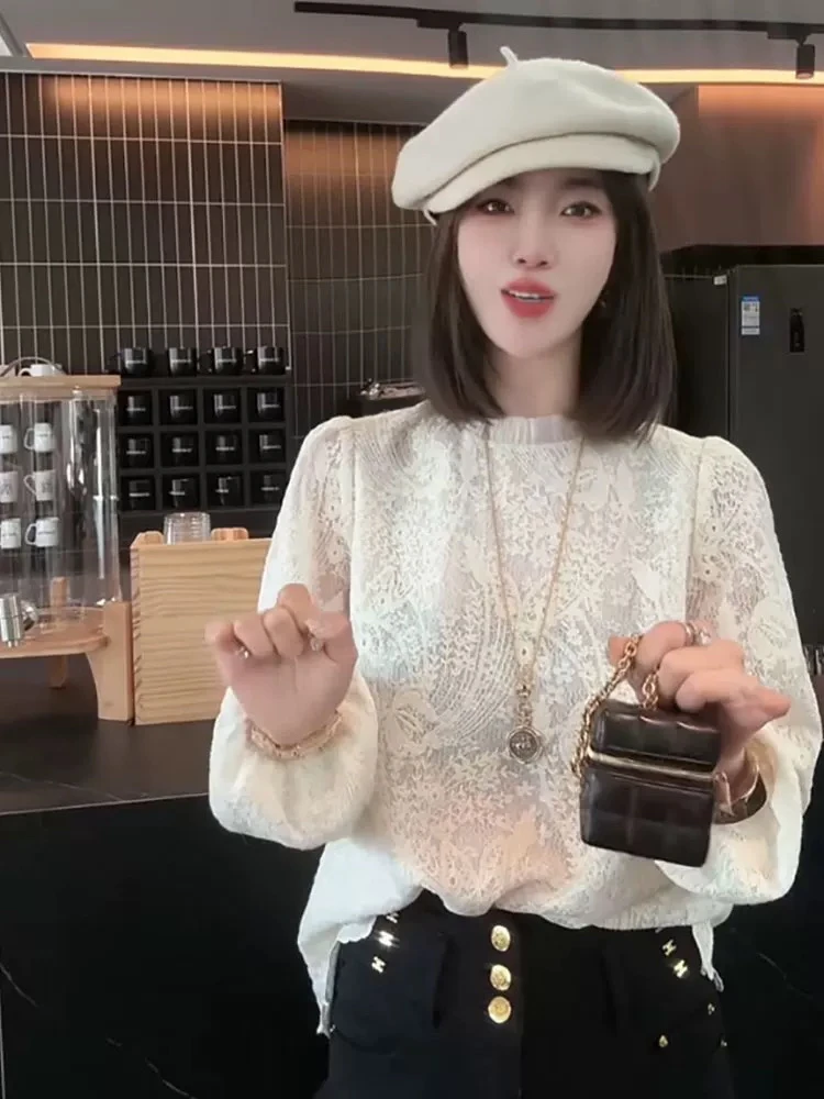 芷希法式气质长袖蕾丝新款设计感花边衬衫灯笼袖蕾丝衫