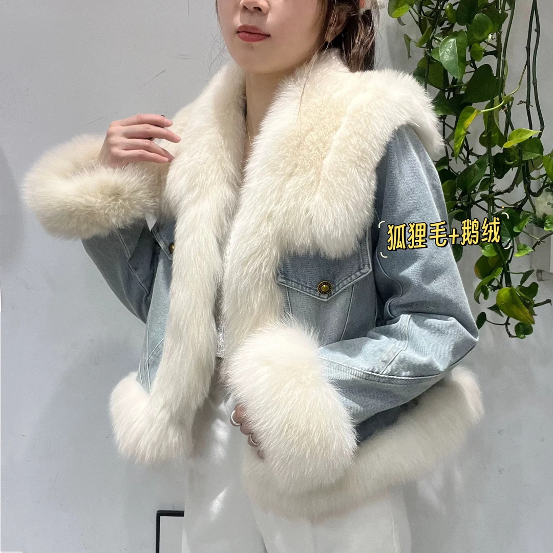 芷希新款大狐狸毛领皮草外套女羽绒服年轻牛仔派克短款显瘦冬