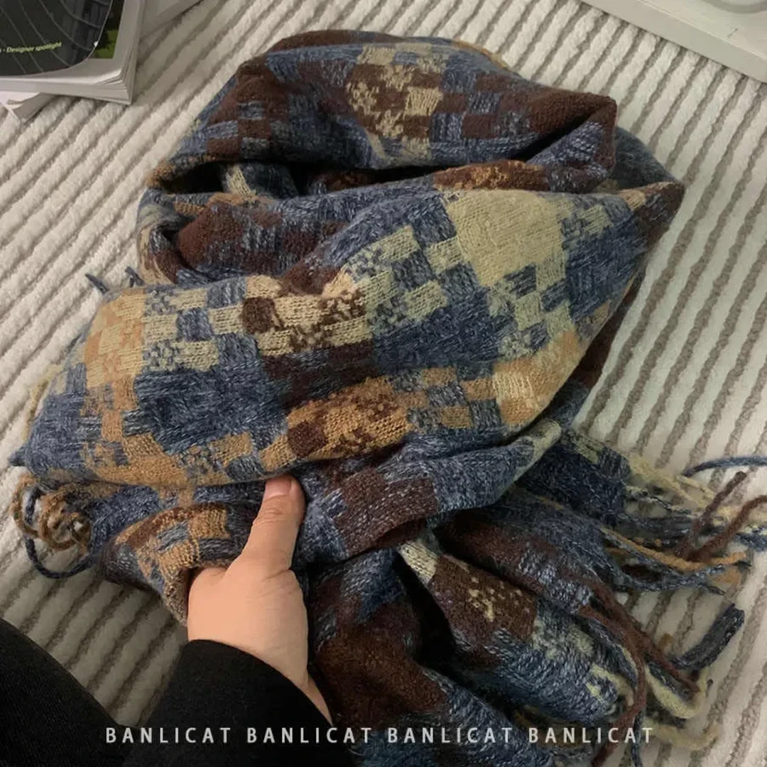 秋冬季氛围感百搭拼色格子围巾编织格纹流苏男女长款保暖围脖披肩