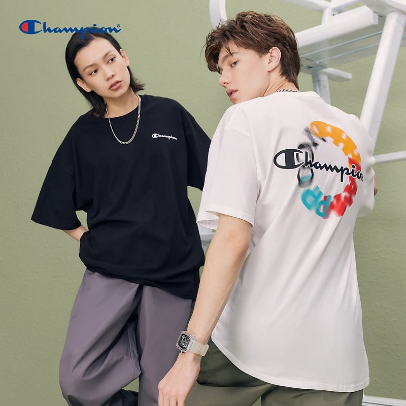 Champion冠军23夏季后背拼色字母印花短袖圆领情侣美式复古t恤