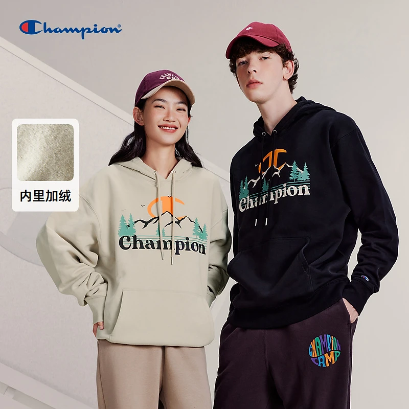 Champion冠军连帽卫衣情侣秋冬新款加绒加厚趣味印花男潮牌女
