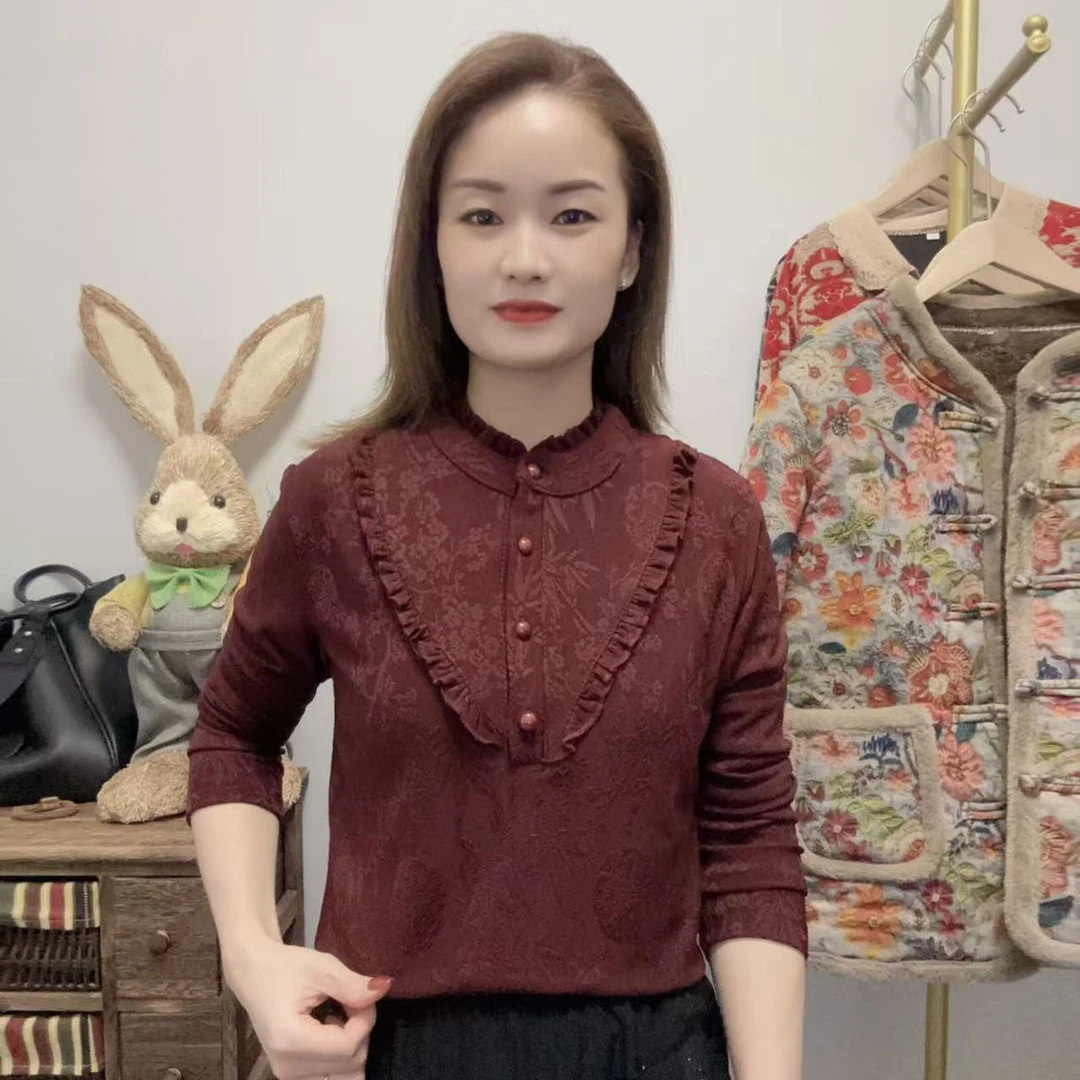 【丽姐家】秋冬新款妈妈装加绒加厚打底显瘦女士花边领百搭上衣
