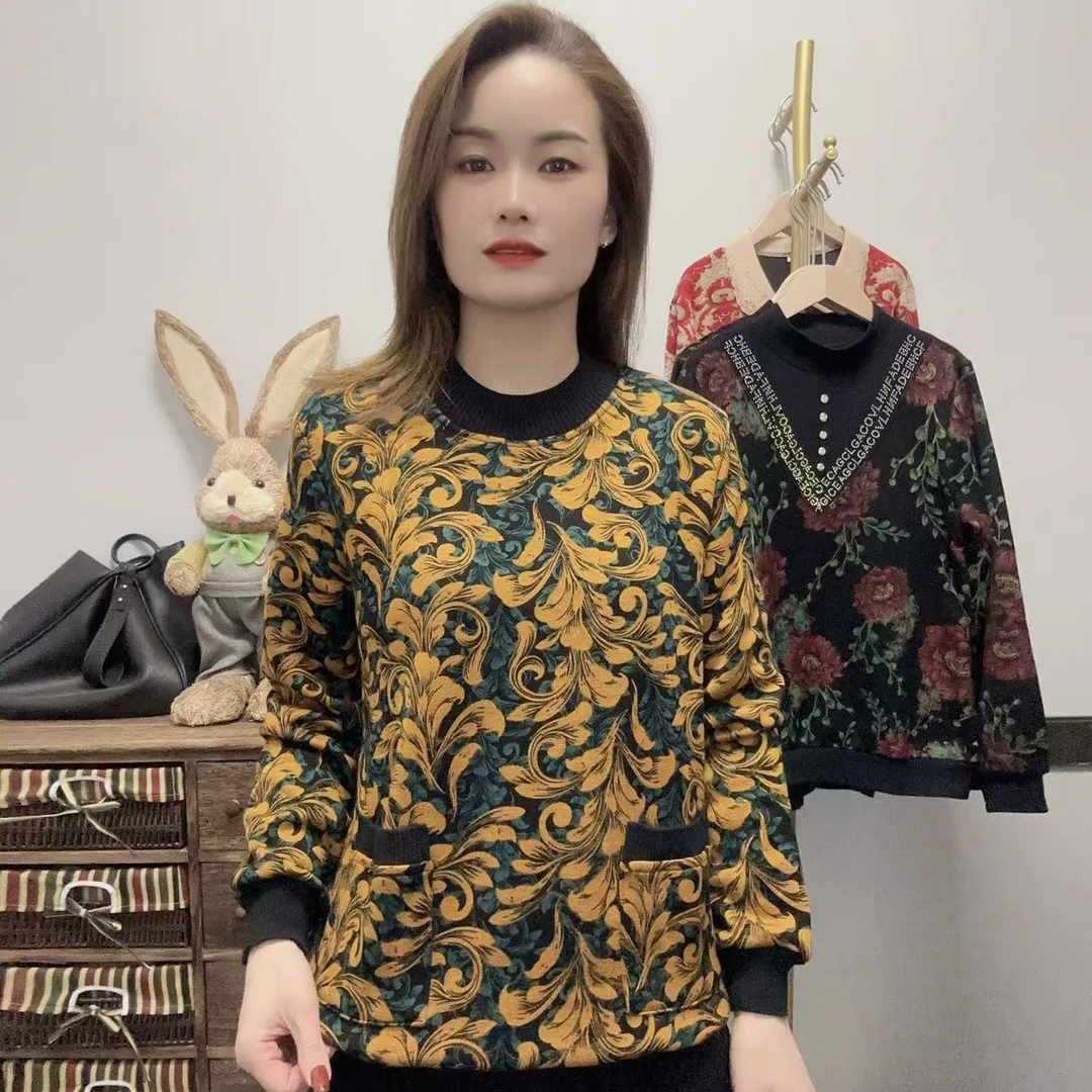 【丽姐家】秋冬加绒加厚打底长袖女士时尚百搭宽松印花圆领上衣