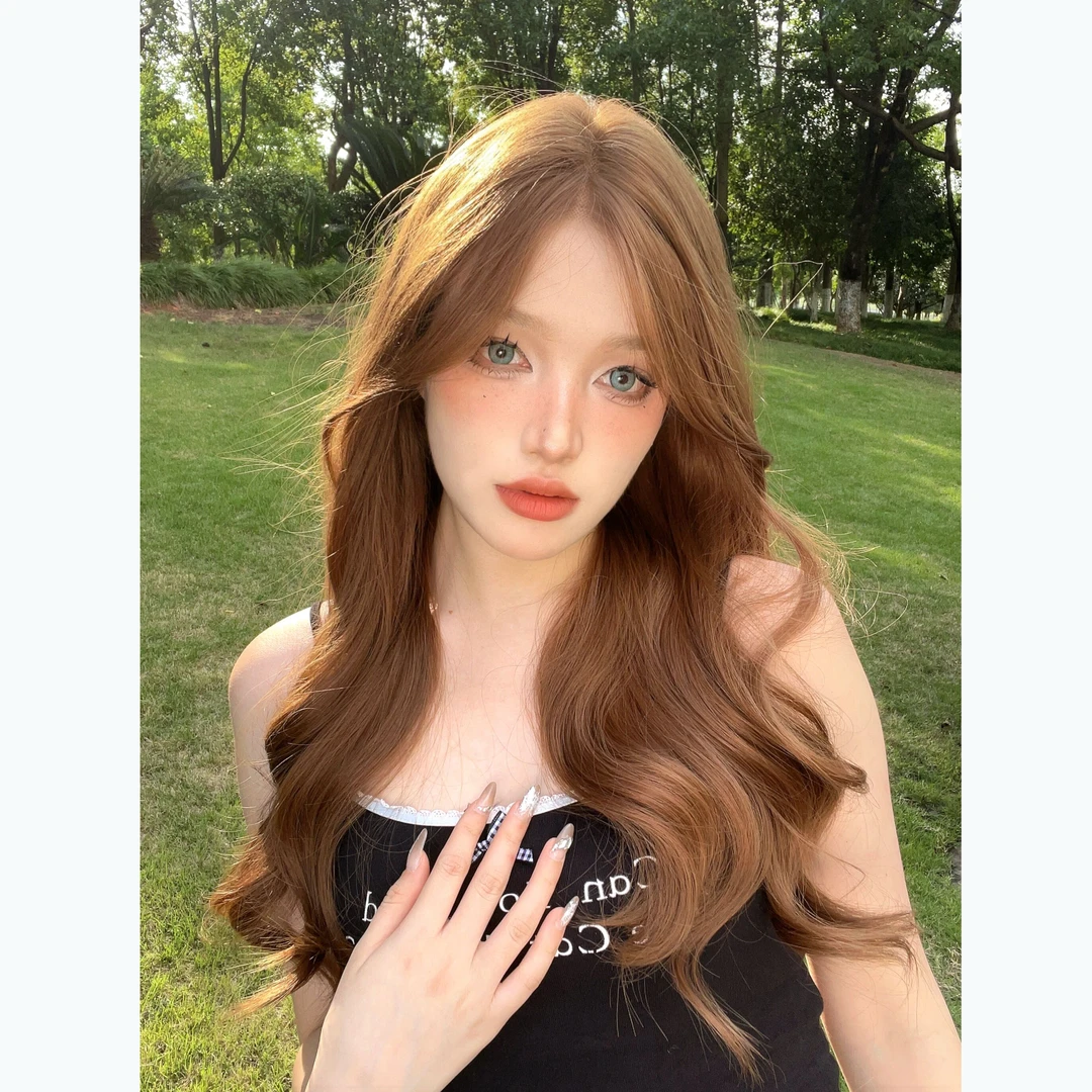 【暖棕色】美拉德氛围感女长卷发前蕾丝八字刘海整顶假发
