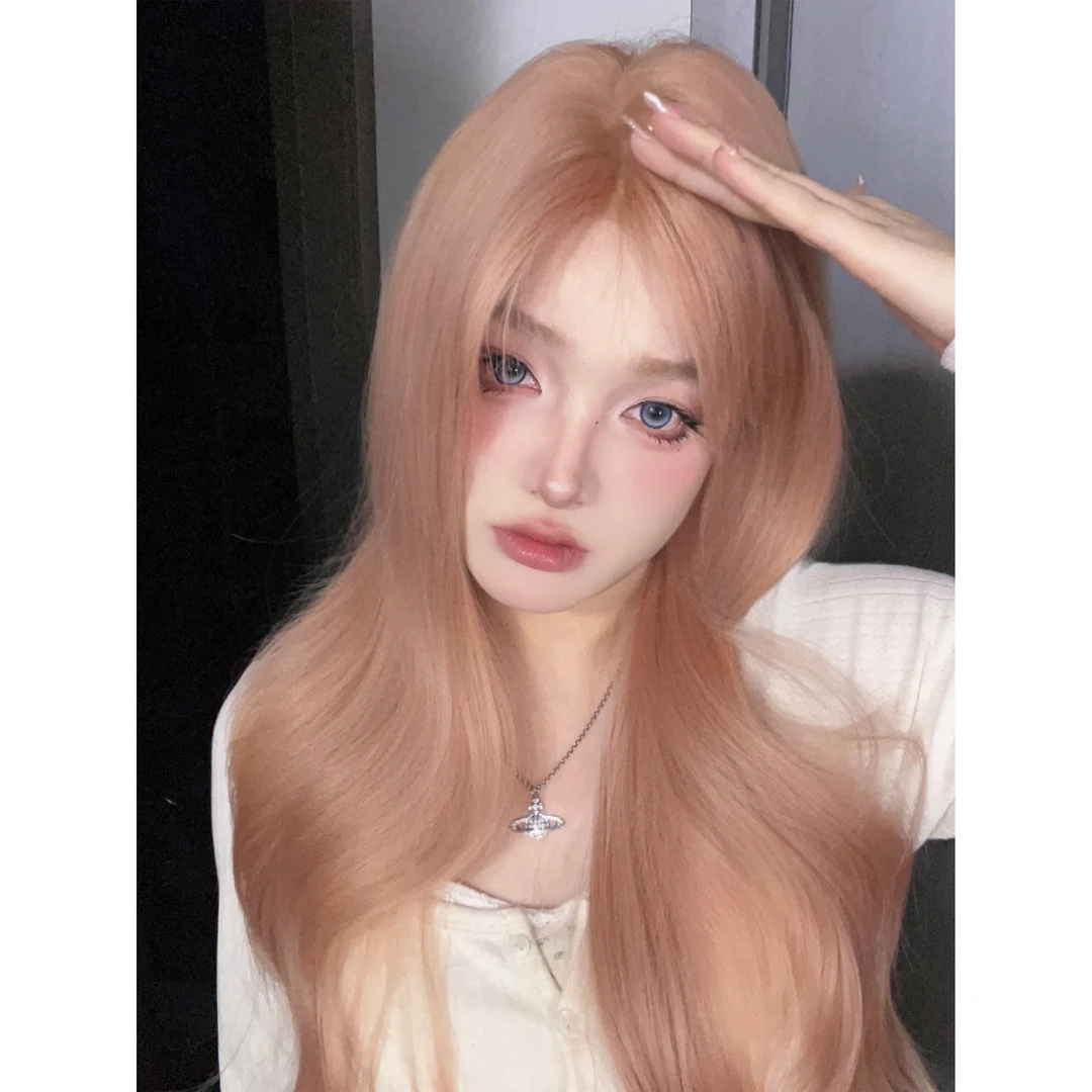 【干枯玫瑰】小额蕾丝中分假发长卷发粉金色女团肉粉色韩式整顶透气