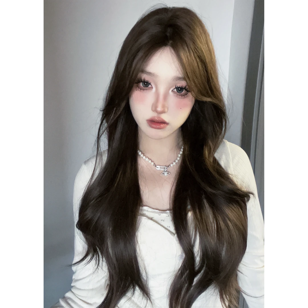 【韩系女友】小额蕾丝冷棕色中分韩式卷发整头套氛围感假发