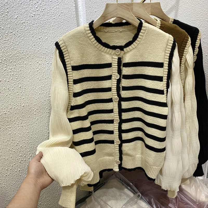 法式圆领针织开衫灯笼袖假两件女2025春秋款宽松外穿设计感毛衣