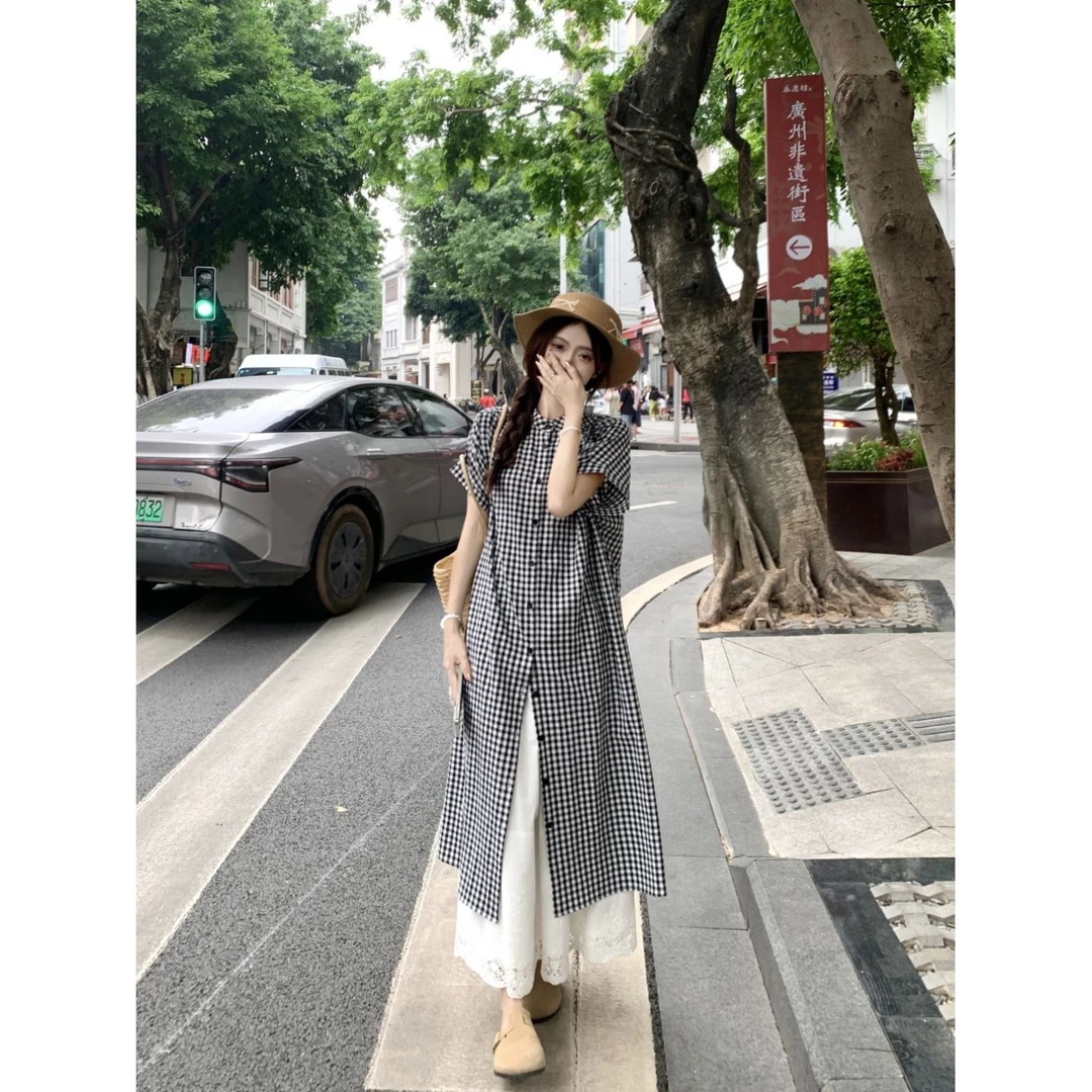 黑白格子衬衫短袖连衣裙女夏季宽松显瘦设计感叠穿复古两件套裙子