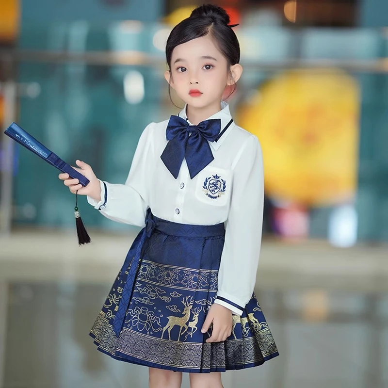女童国风古装学院风女孩马面裙套装秋款2023新款女童中国风套装裙
