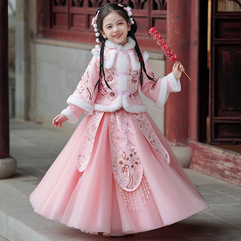 汉服女童冬季连衣裙2024新款中国风公主裙秋冬款儿童新年装衣服冬