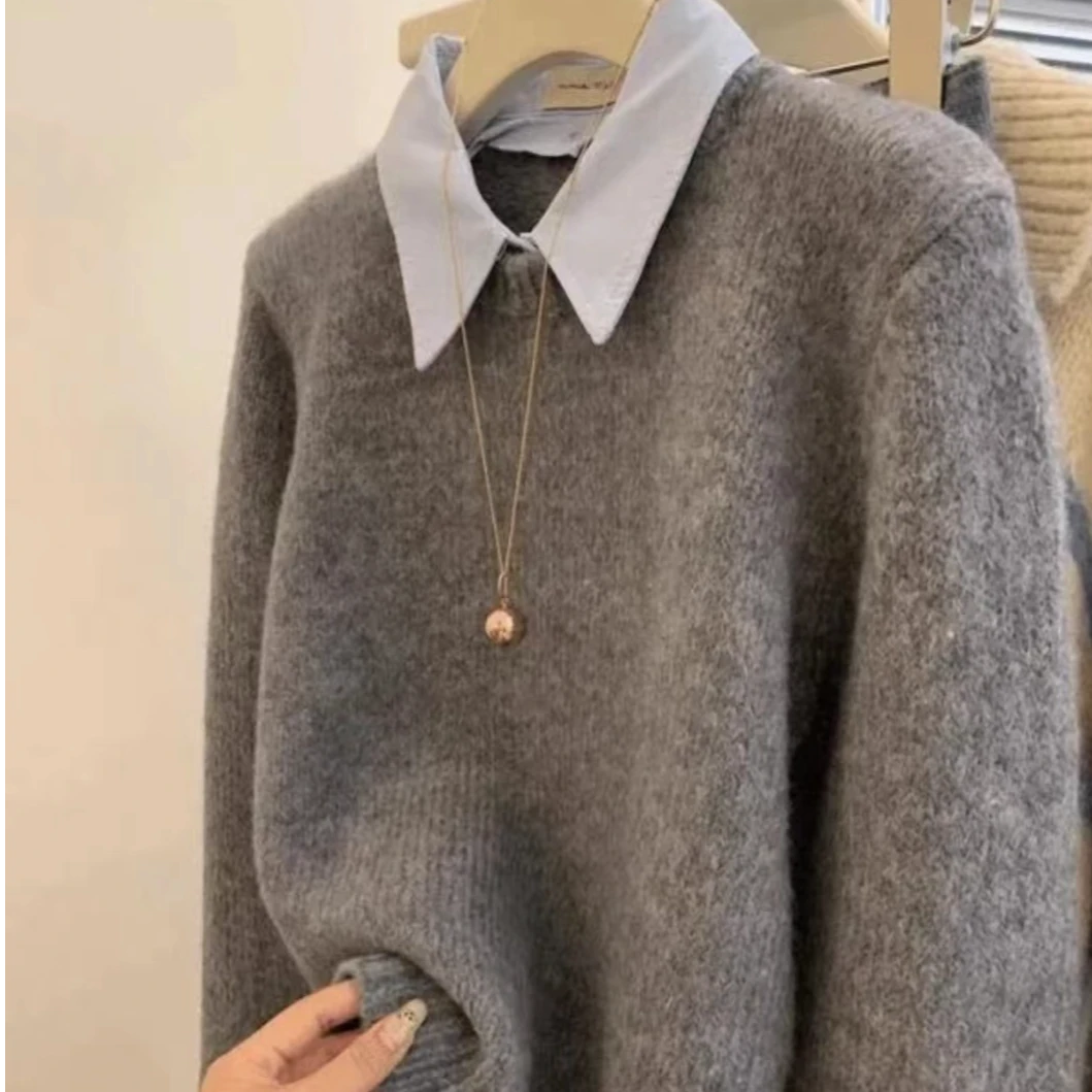 韩系秋冬款灰色假两件Polo领内搭慵懒风短款针织毛衣时尚百搭长袖