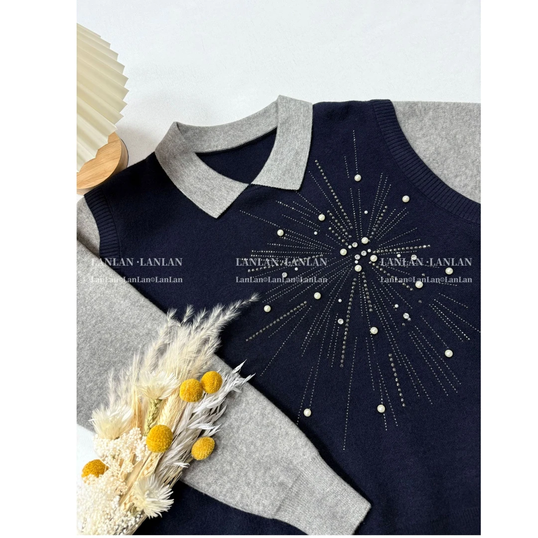 【烟花易冷】#1605新款重工贴花方领修身显气质2024毛衣针织衫