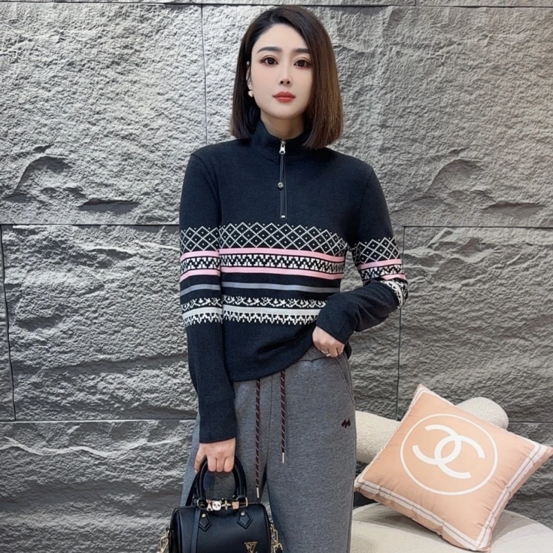半拉链奥绒立领套头提花印花条纹秋冬卫衣女装打底衫套衫