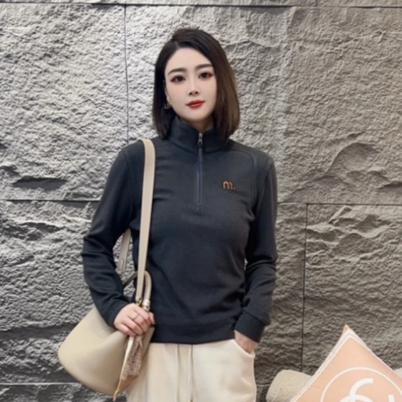 2478刺绣半拉链秋冬奥绒款打底衫休闲慵懒显瘦减龄