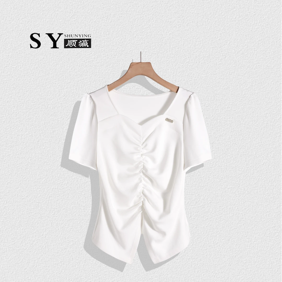 【顺瀛】新款上衣显瘦褶皱纯色气质V领短袖T恤SY62T6921