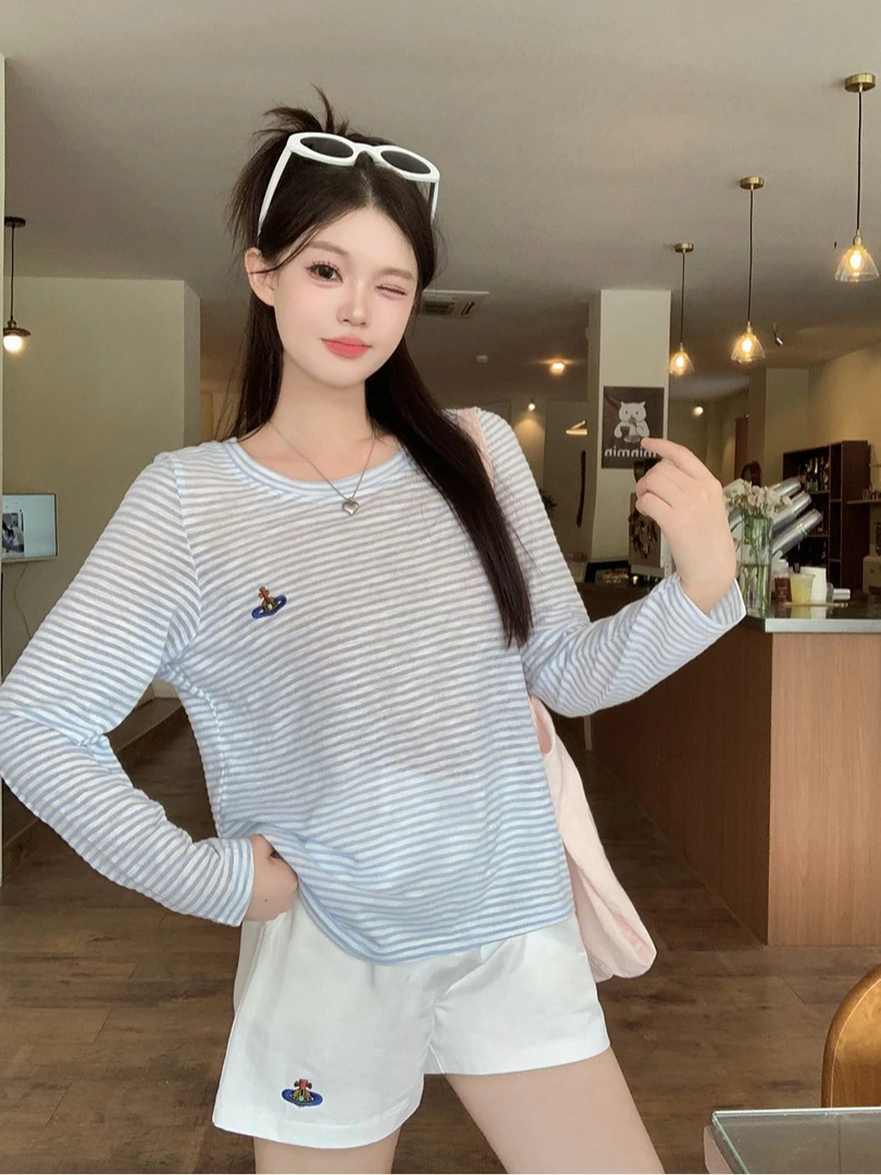 反季大码女装新款条纹罩衫+短裤两件套2692